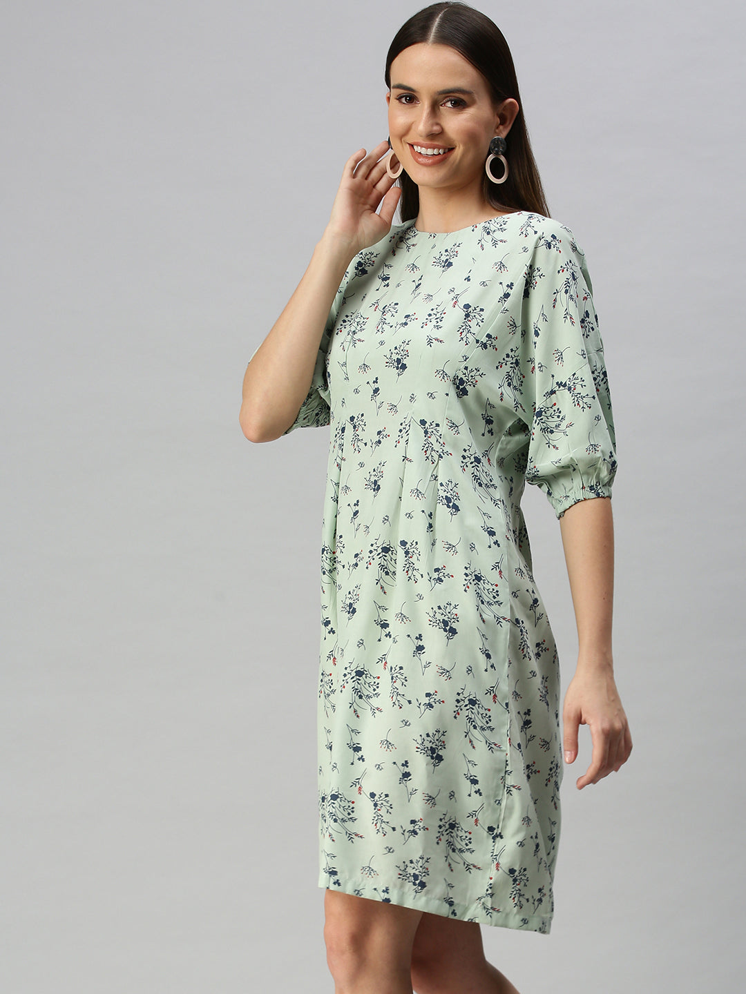 Women's Green Floral Crepe A-Line Dress