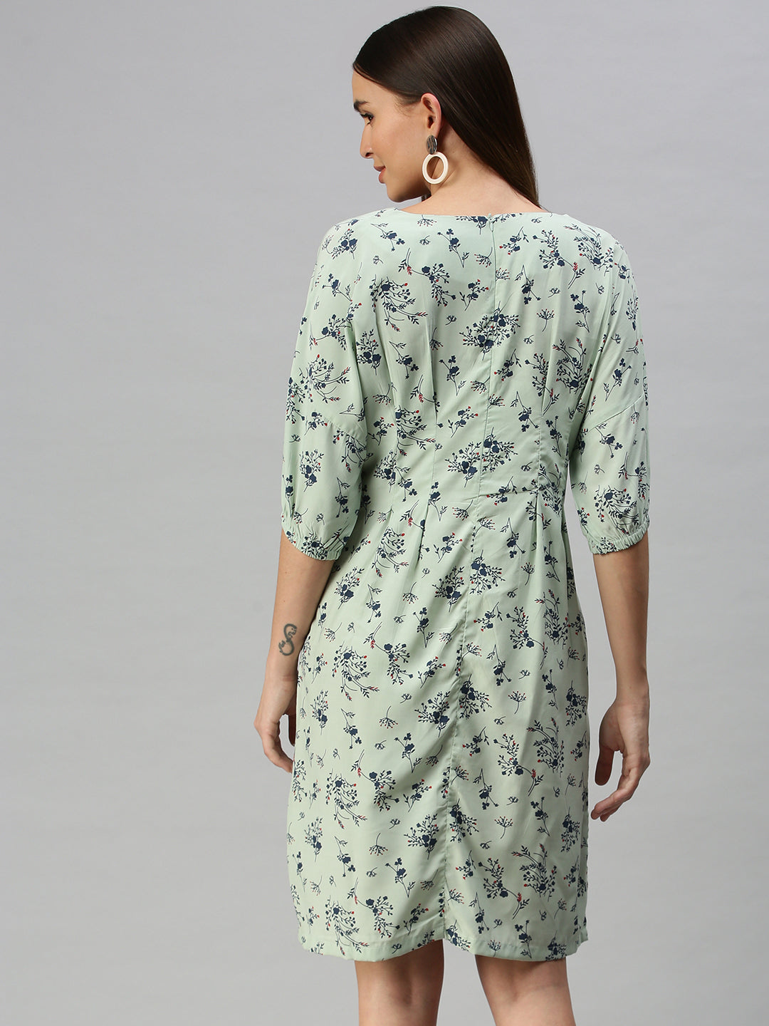 Women's Green Floral Crepe A-Line Dress