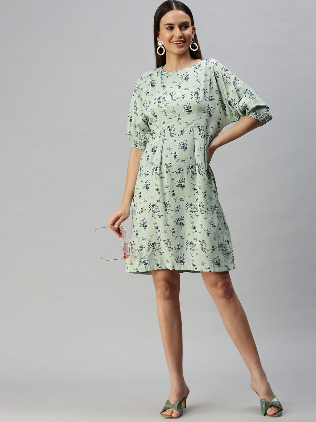 Women's Green Floral Crepe A-Line Dress