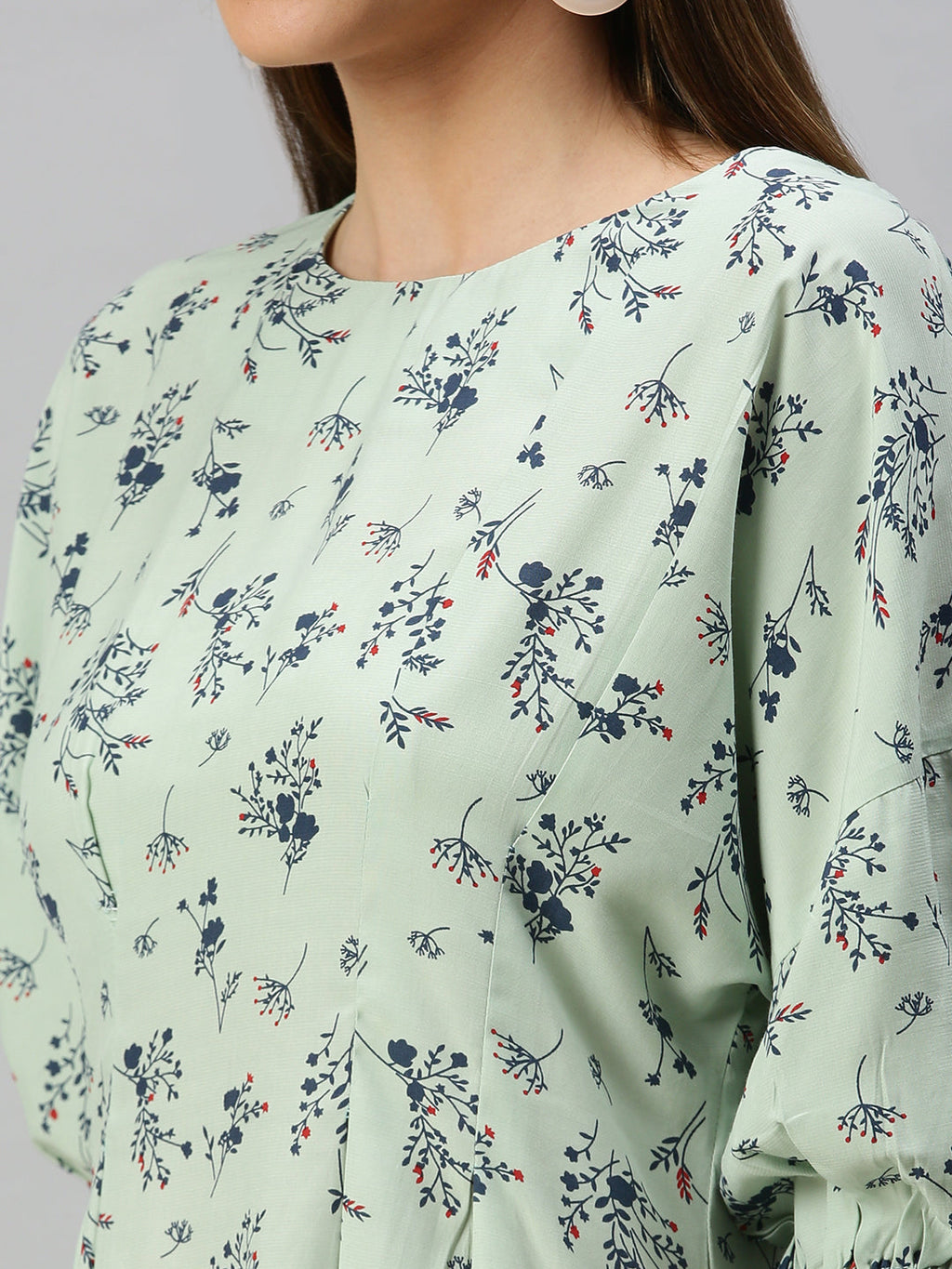 Women's Green Floral Crepe A-Line Dress