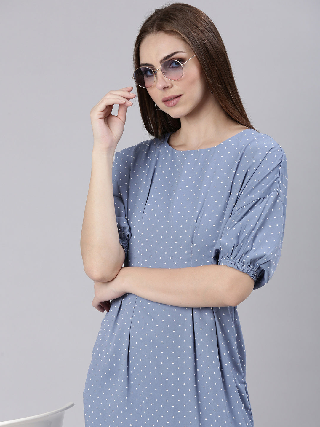 Women's Blue Polka Dot Printed Cotton A-Line Dress
