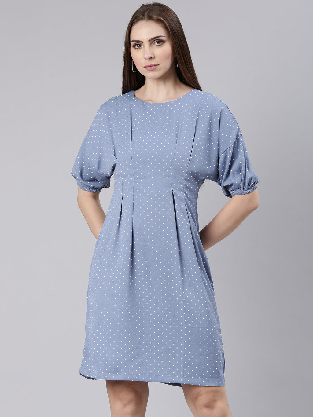 Women's Blue Polka Dot Printed Cotton A-Line Dress