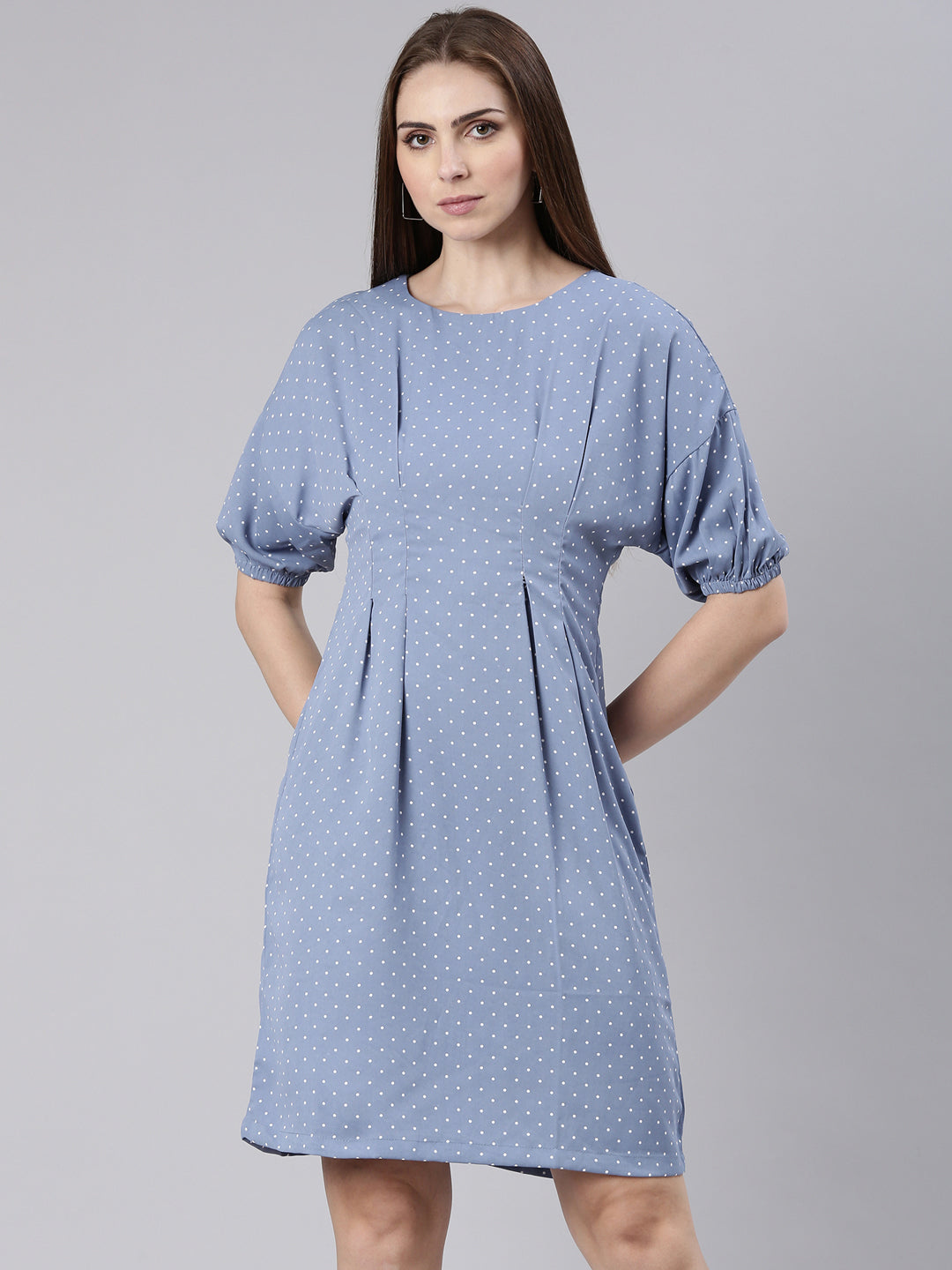 Women's Blue Polka Dot Printed Cotton A-Line Dress