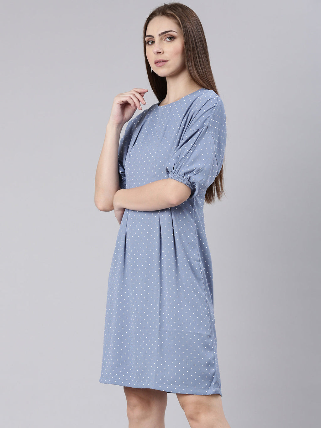 Women's Blue Polka Dot Printed Cotton A-Line Dress