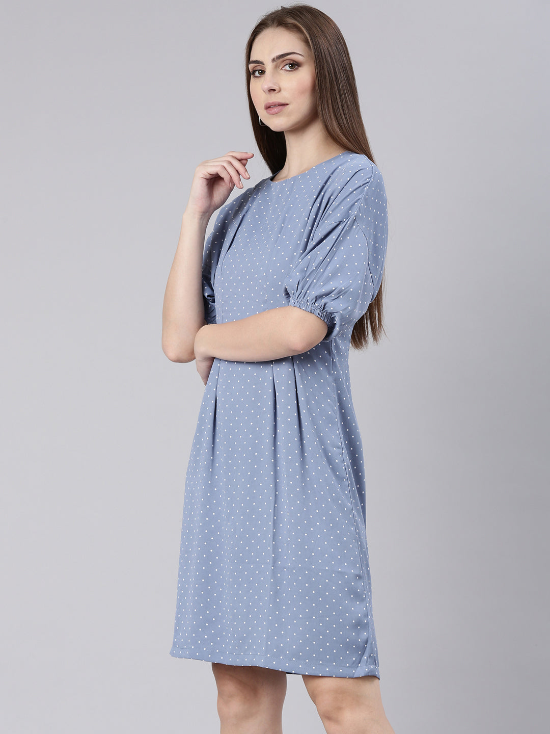 Women's Blue Polka Dot Printed Cotton A-Line Dress