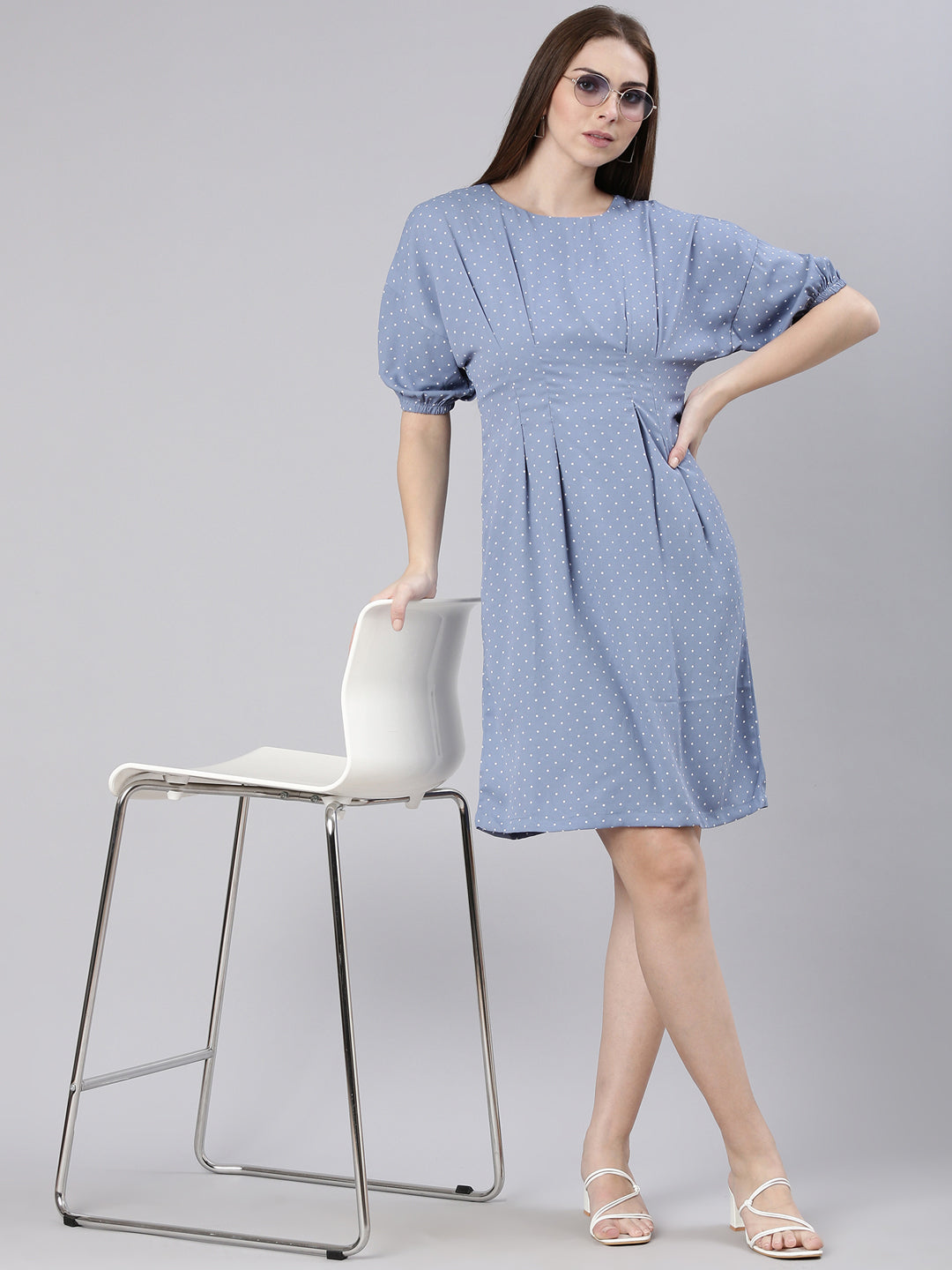 Women's Blue Polka Dot Printed Cotton A-Line Dress