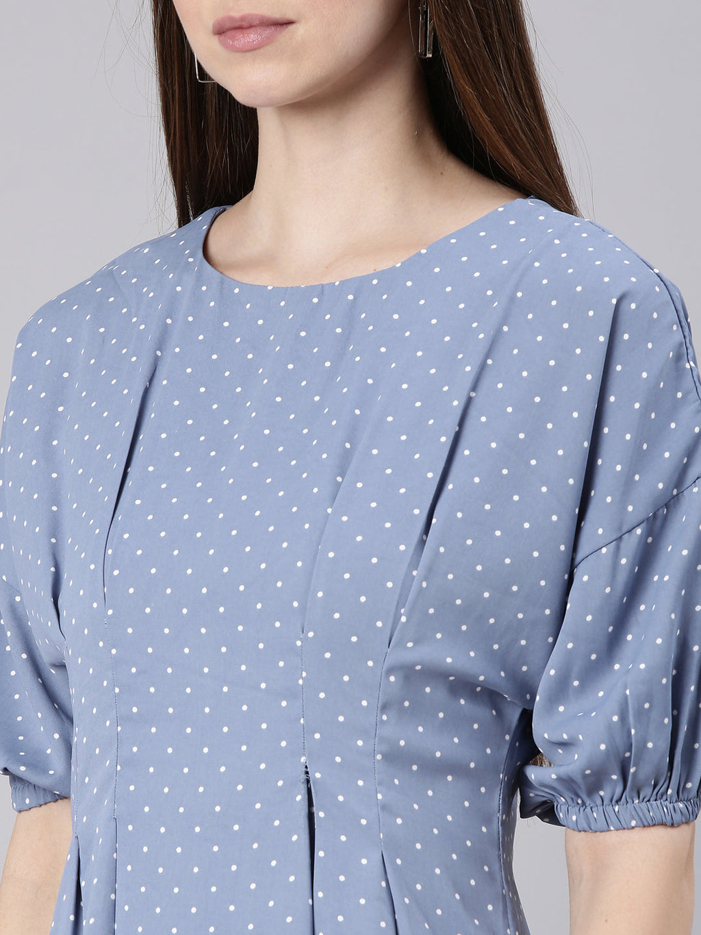 Women's Blue Polka Dot Printed Cotton A-Line Dress