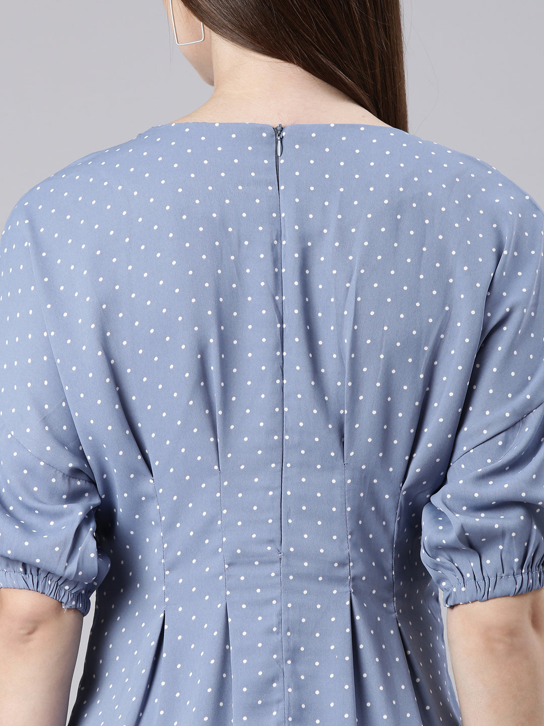 Women's Blue Polka Dot Printed Cotton A-Line Dress