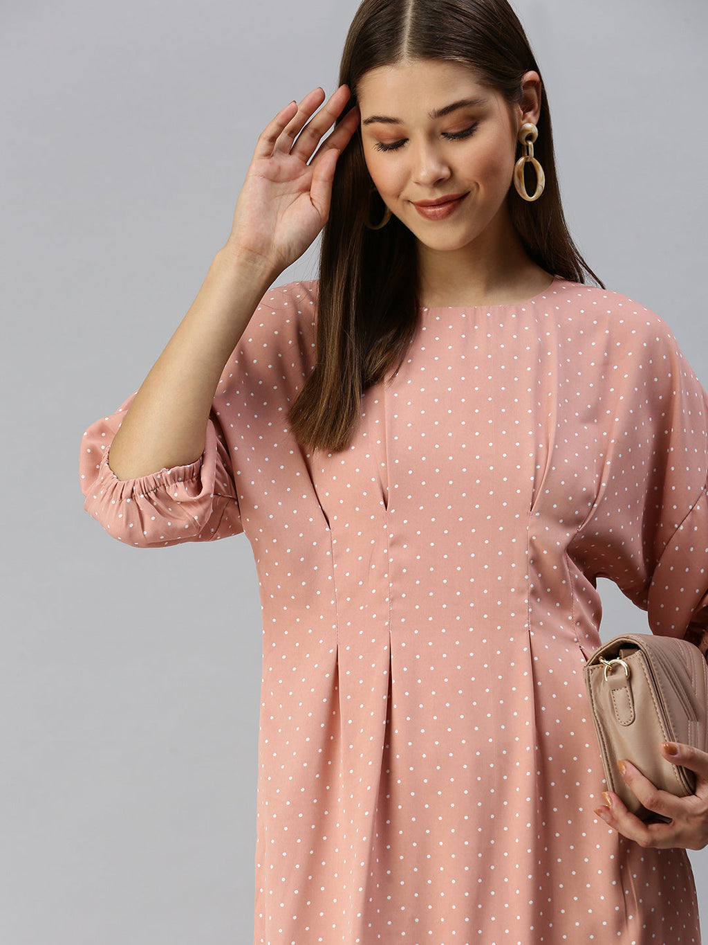 Women's Peach Polka Dot Crepe A-Line Dress