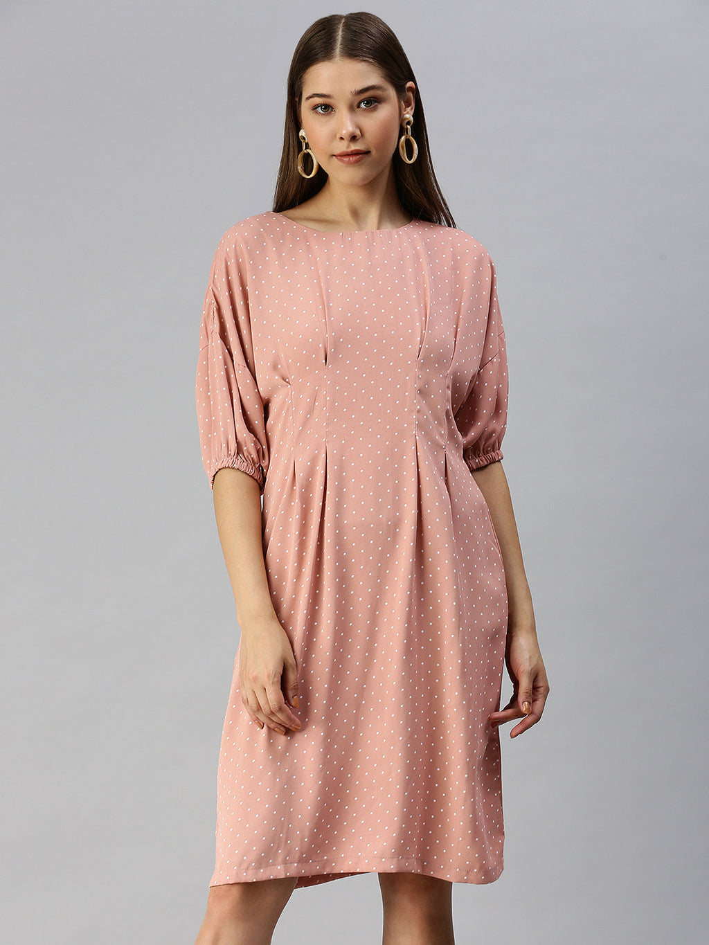 Women's Peach Polka Dot Crepe A-Line Dress