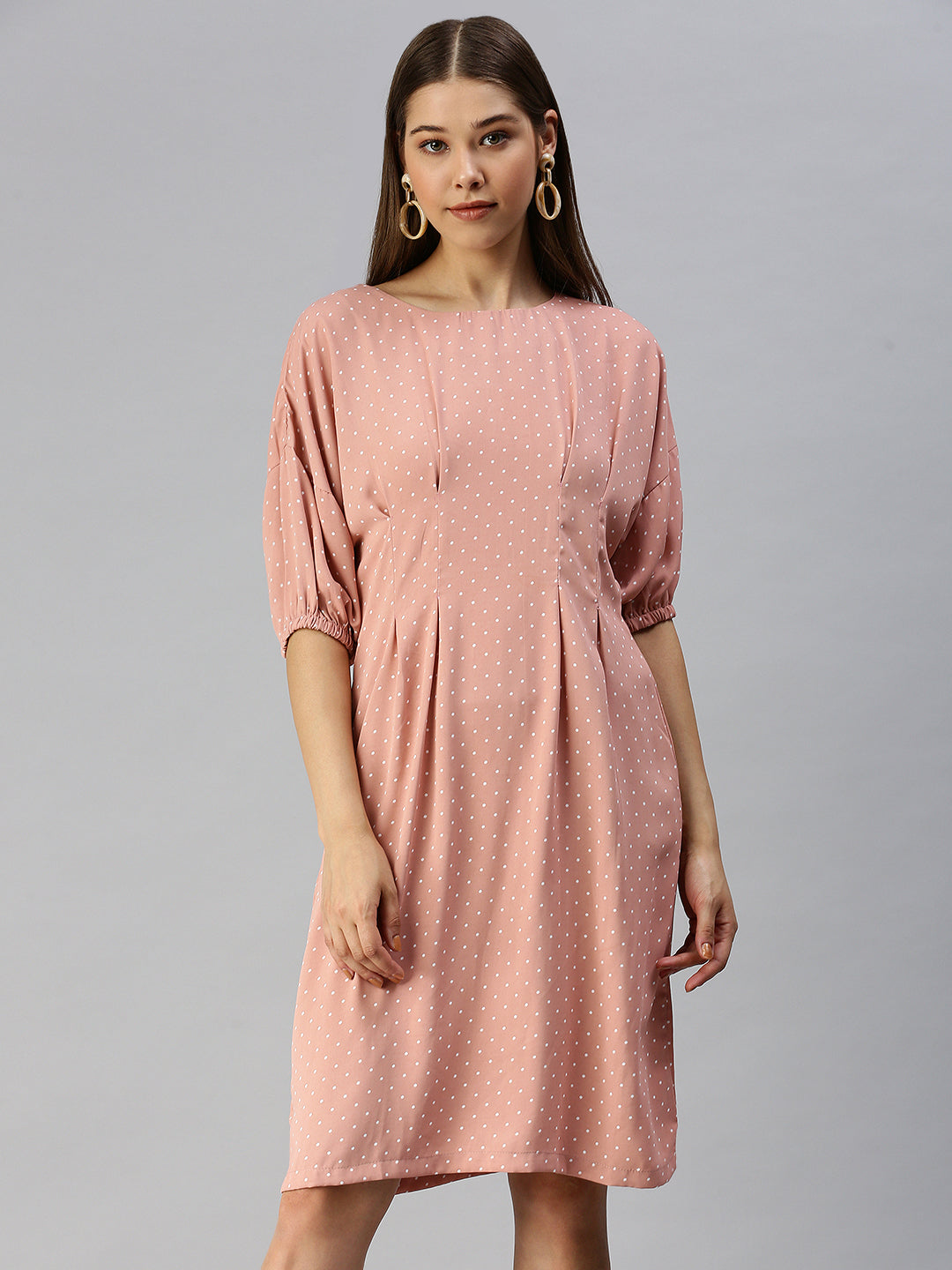 Women's Peach Polka Dot Crepe A-Line Dress