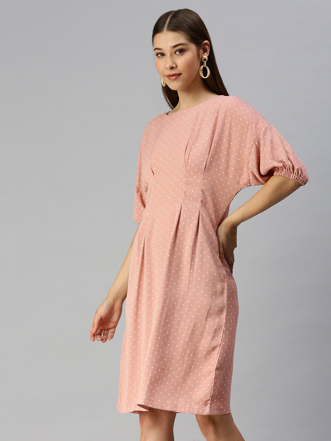 Women's Peach Polka Dot Crepe A-Line Dress