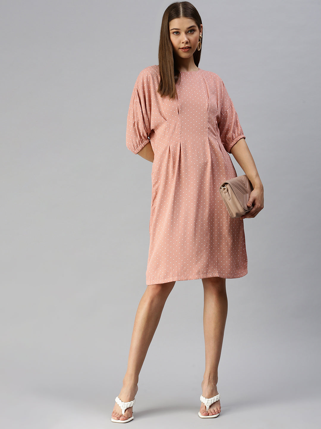 Women's Peach Polka Dot Crepe A-Line Dress