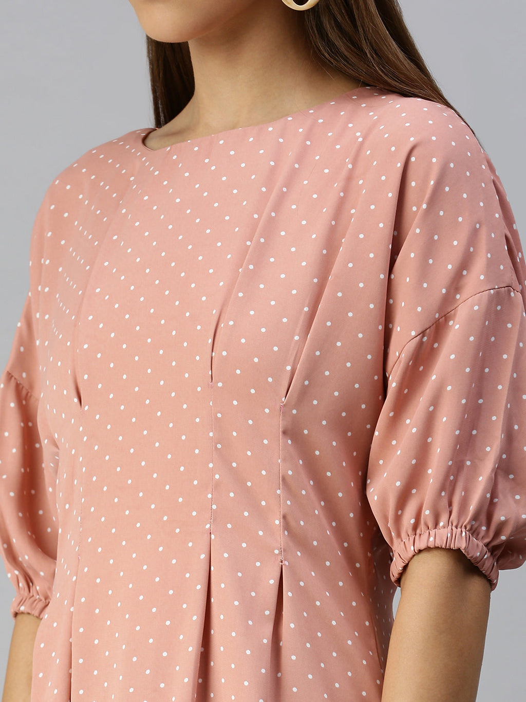 Women's Peach Polka Dot Crepe A-Line Dress