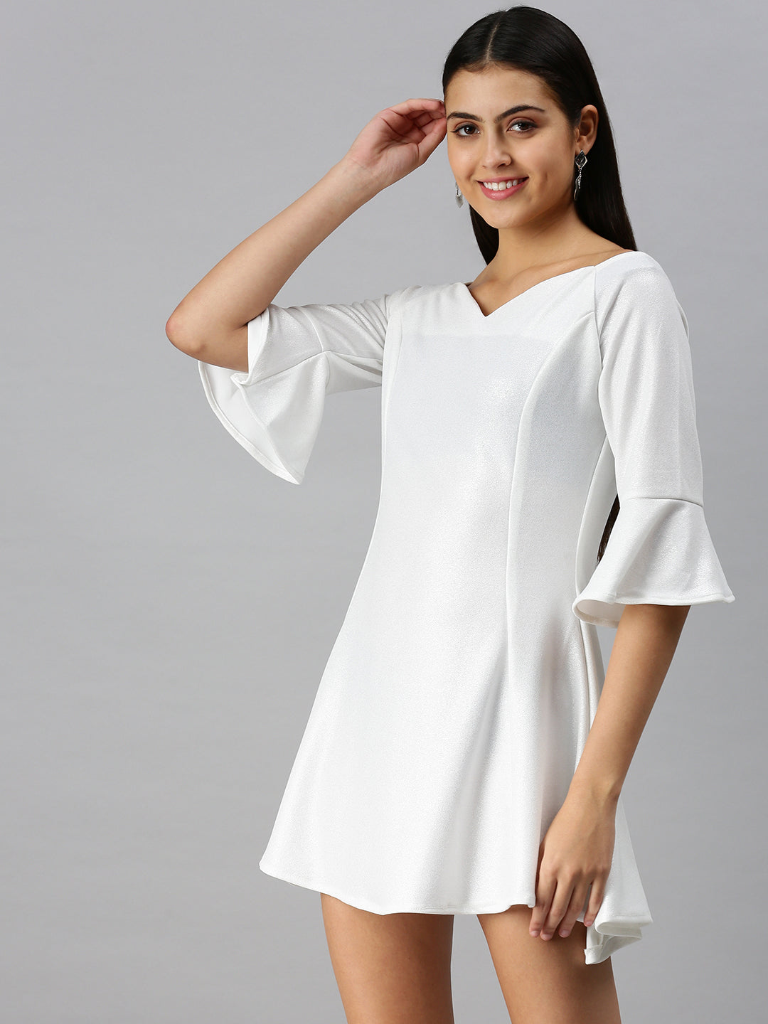 Women's White Solid Fit and Flare Scuba Dress