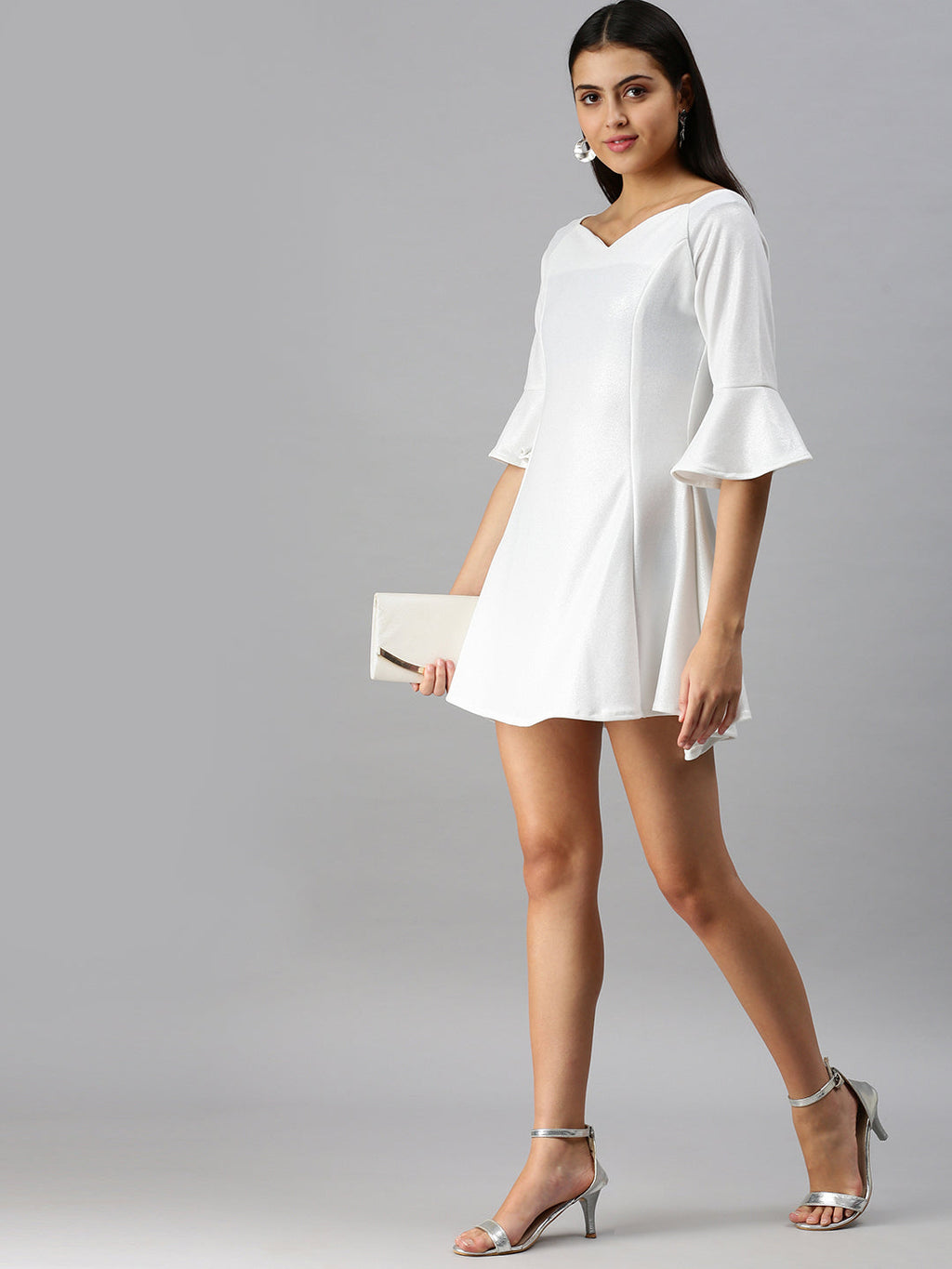 Women's White Solid Fit and Flare Scuba Dress