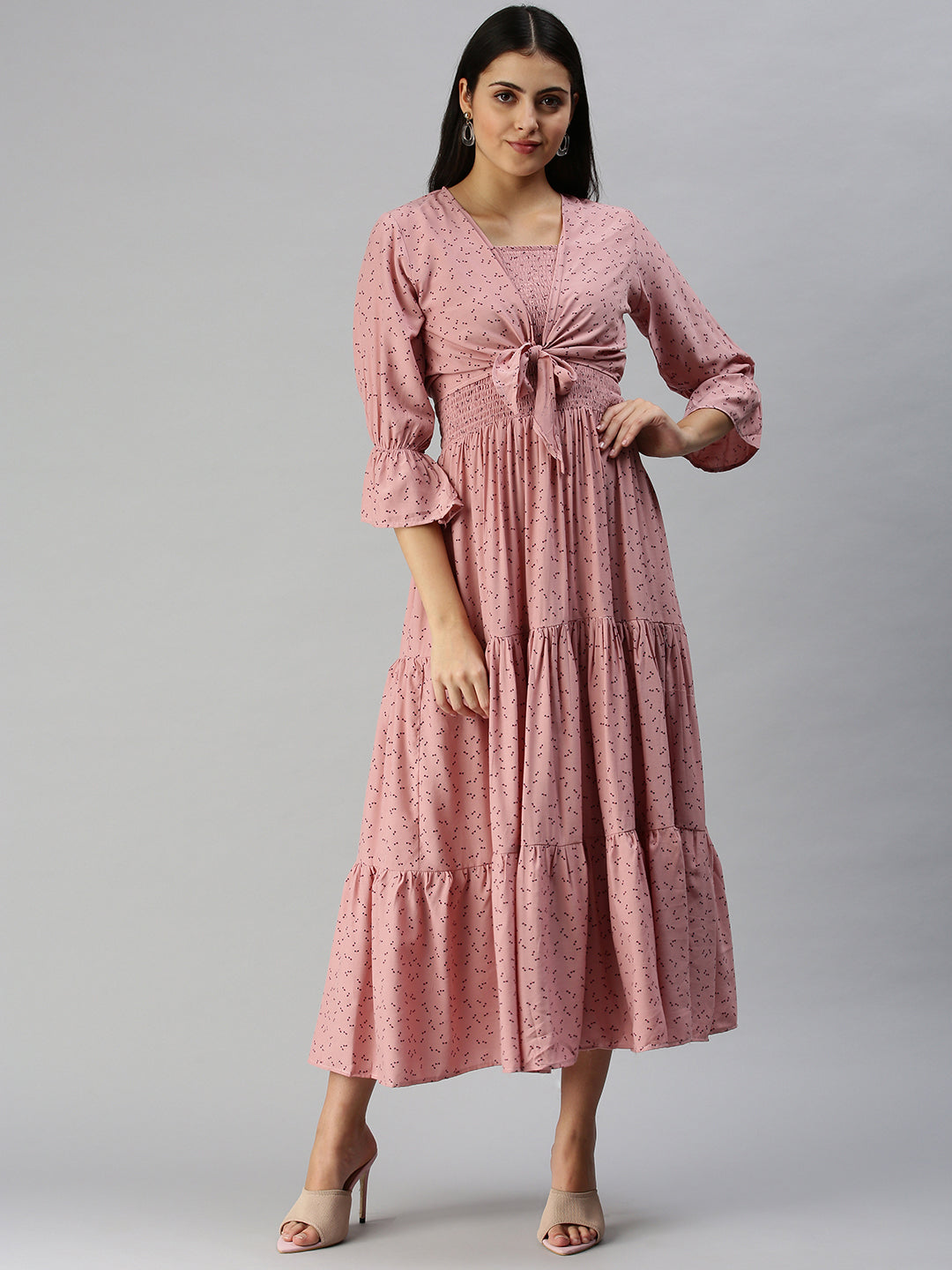 Women's Mauve Ethnic Motifs Crepe A-Line Midi Dress
