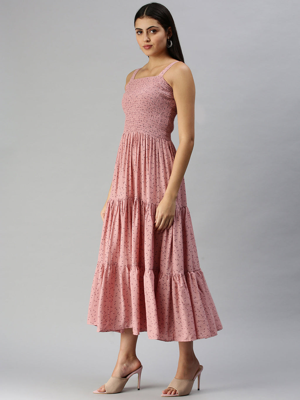 Women's Mauve Ethnic Motifs Crepe A-Line Midi Dress