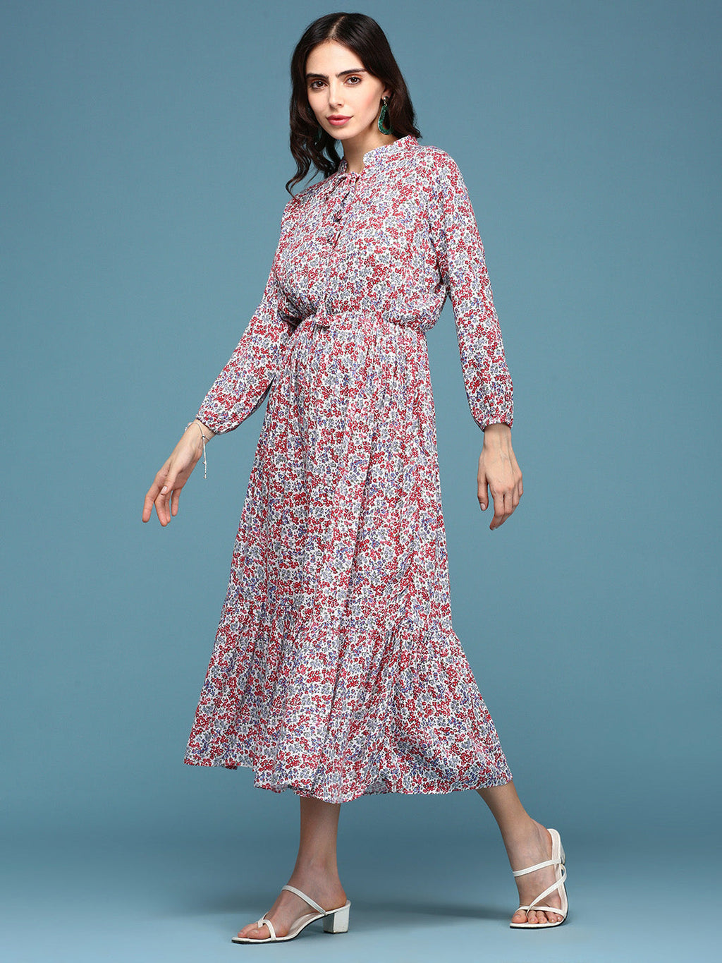 Women's White Floral Tie-Up Neck Midi Dress