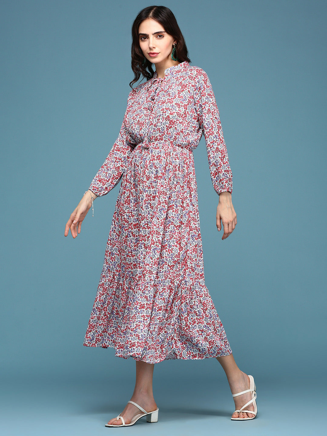 Women's White Floral Tie-Up Neck Midi Dress