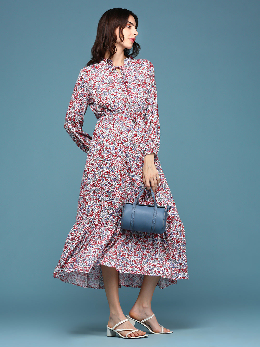 Women's White Floral Tie-Up Neck Midi Dress