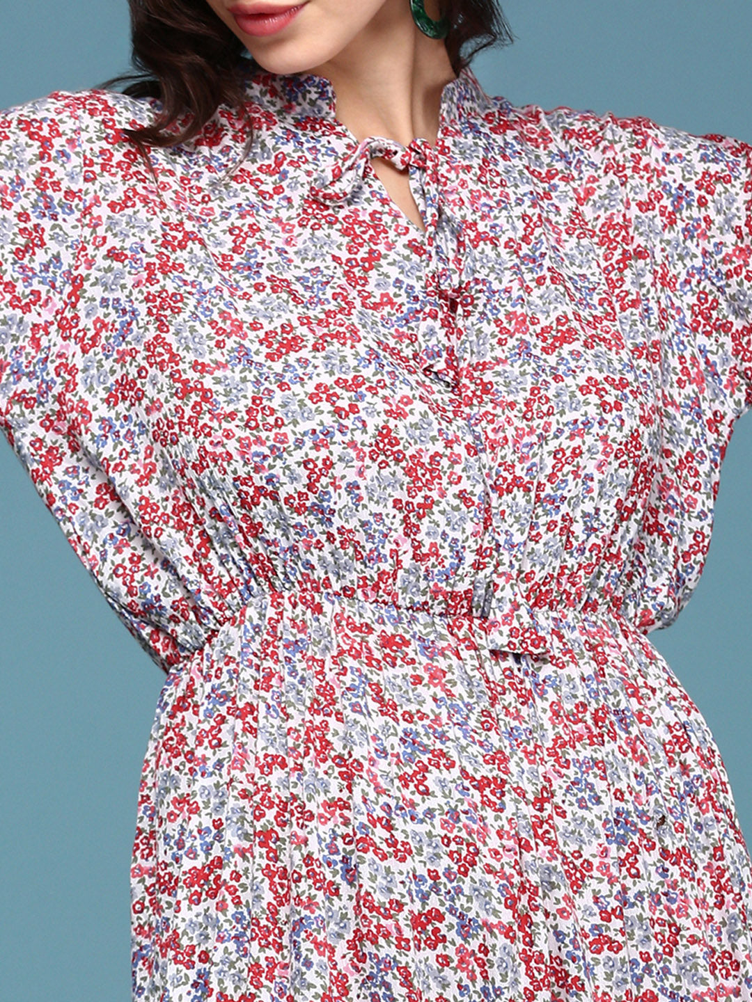 Women's White Floral Tie-Up Neck Midi Dress