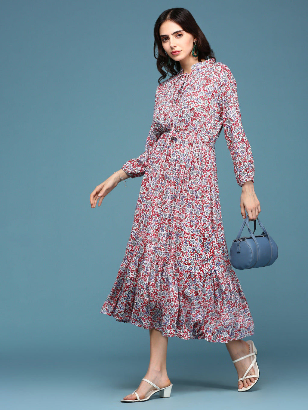 Women's White Floral Tie-Up Neck Midi Dress