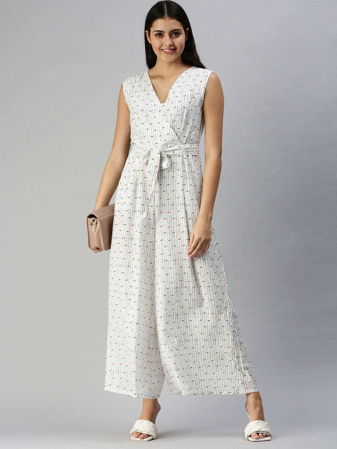 Women's White Printed Basic Jumpsuit