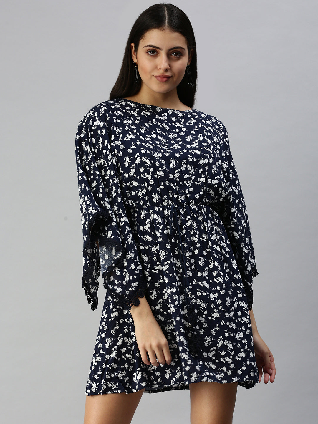 Women's Navy Blue Floral A-Line Dress