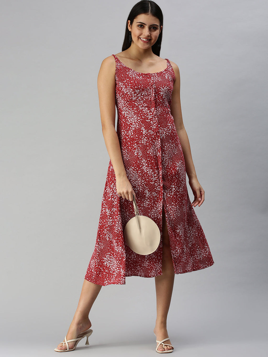 Women's Red Floral A-Line Midi Dress