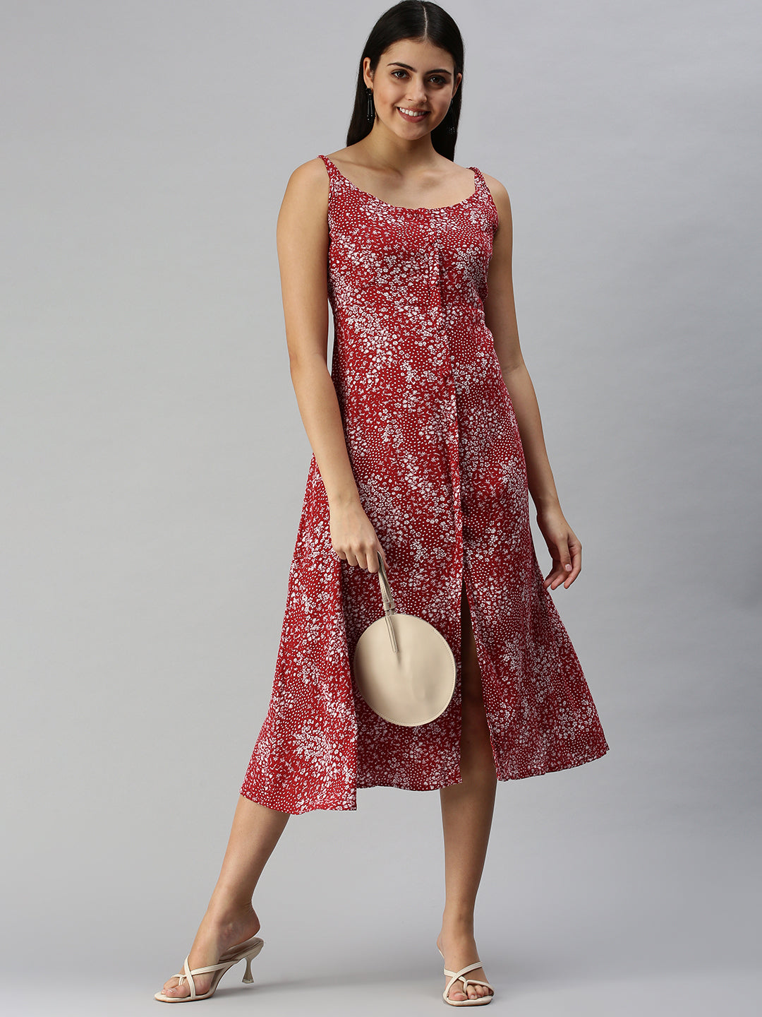 Women's Red Floral A-Line Midi Dress