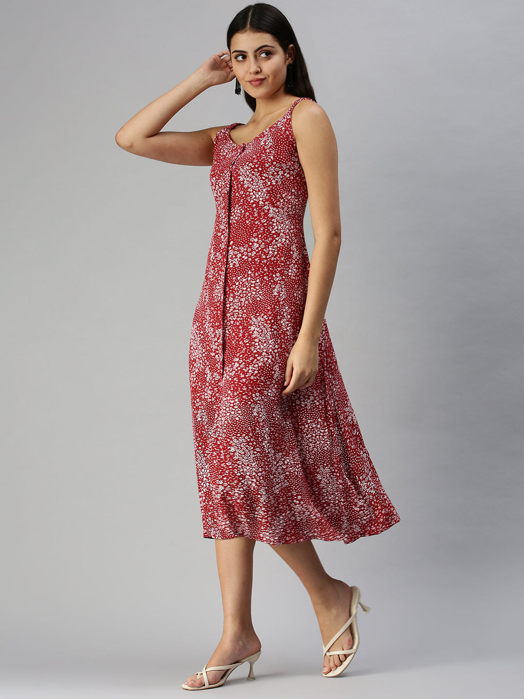 Women's Red Floral A-Line Midi Dress