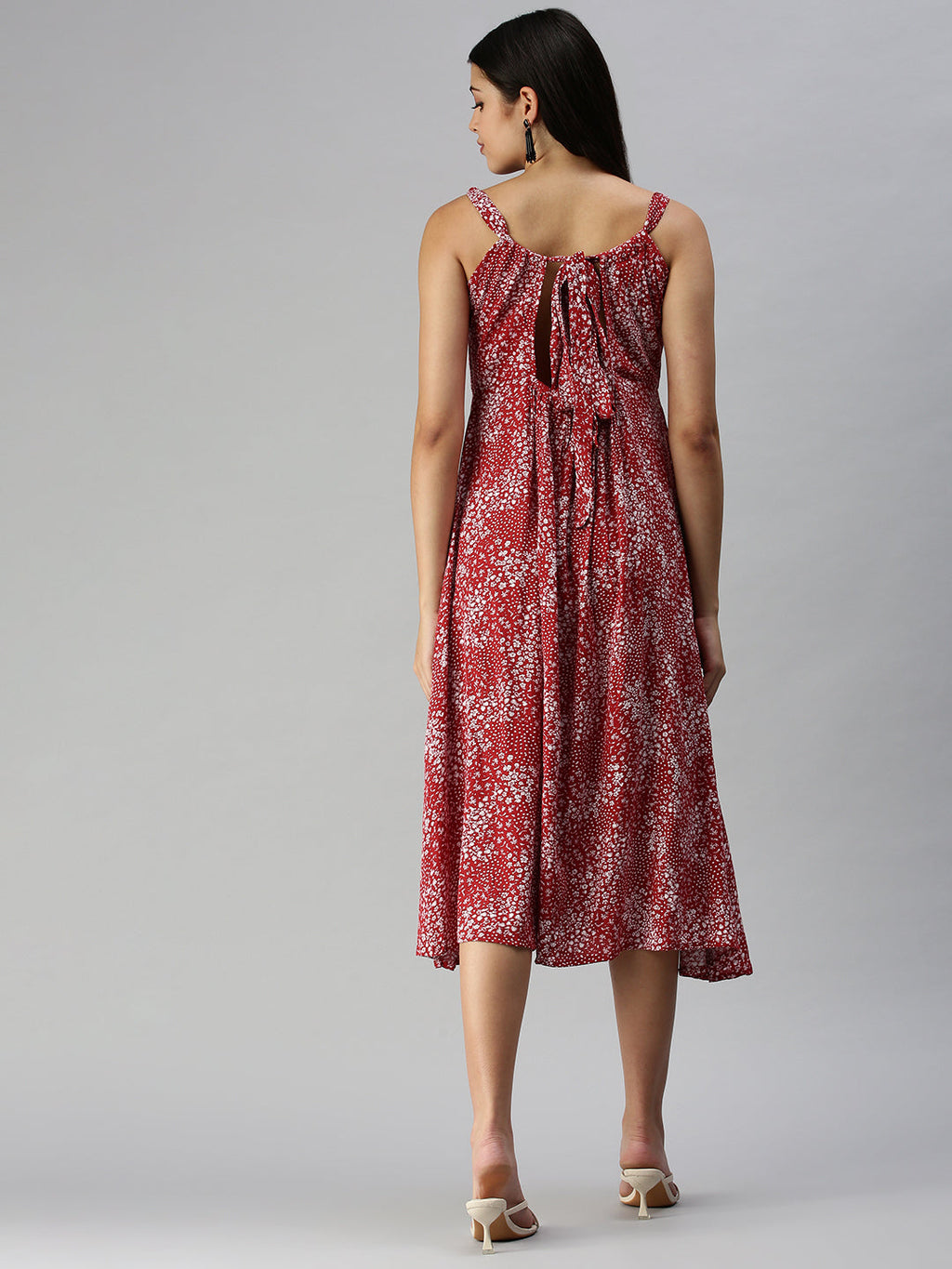 Women's Red Floral A-Line Midi Dress