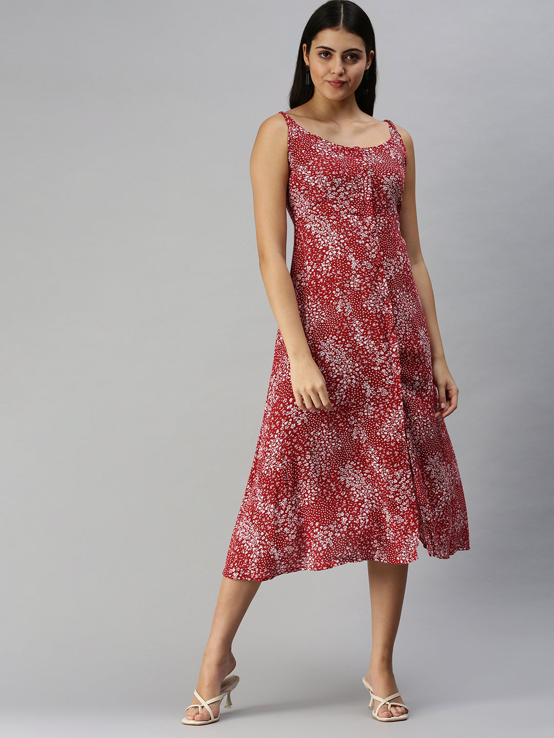 Women's Red Floral A-Line Midi Dress