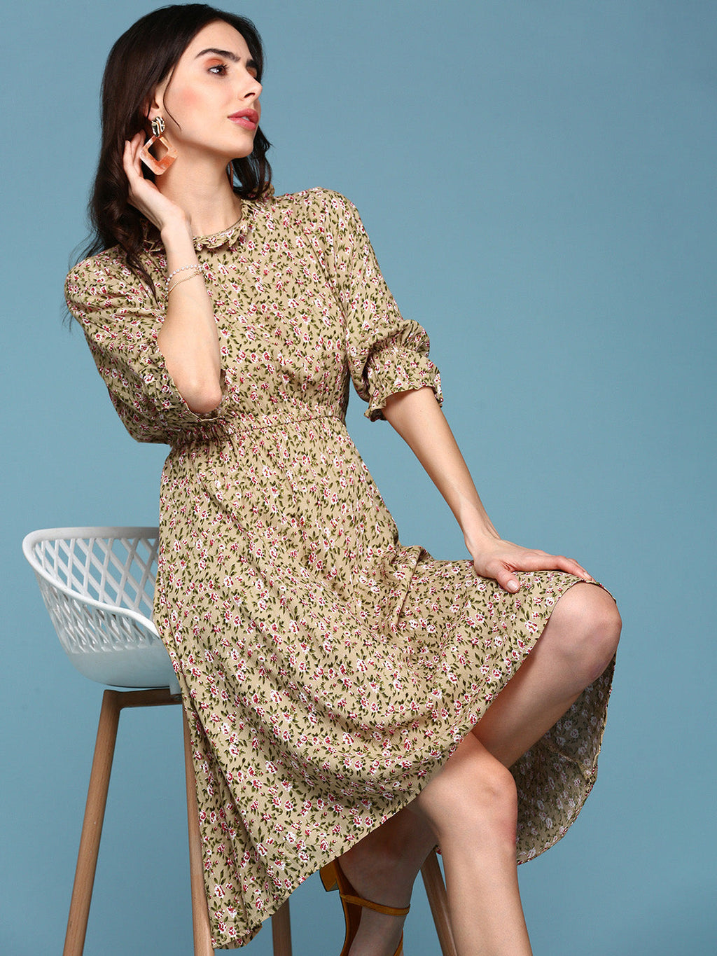 Women's Beige Floral Crepe Midi Dress