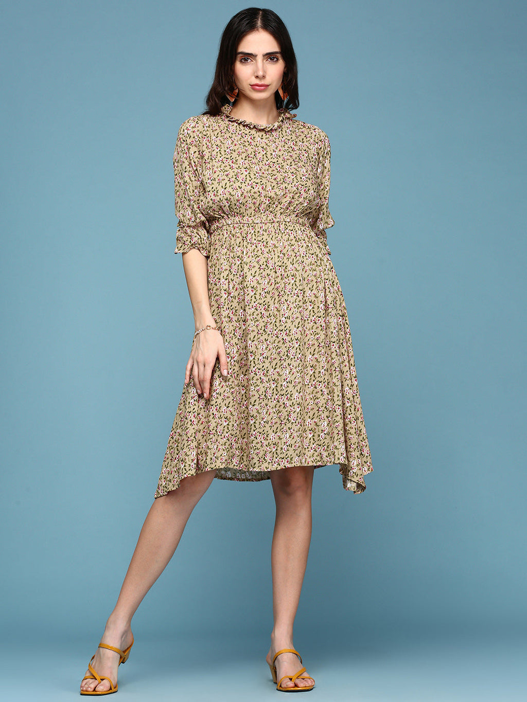 Women's Beige Floral Crepe Midi Dress