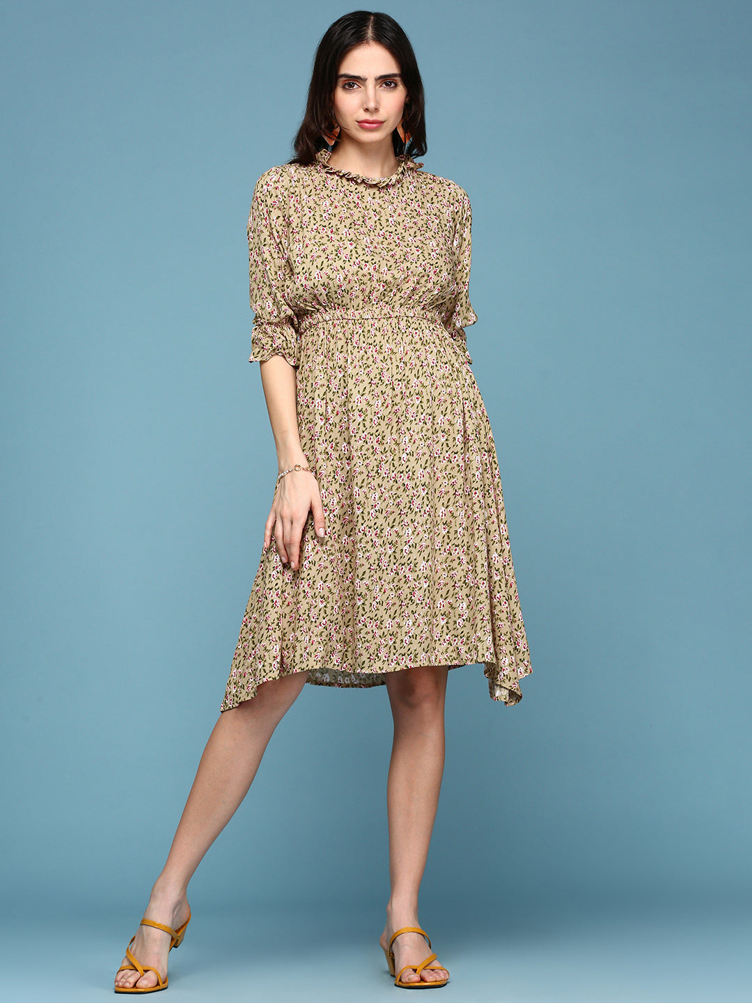 Women's Beige Floral Crepe Midi Dress