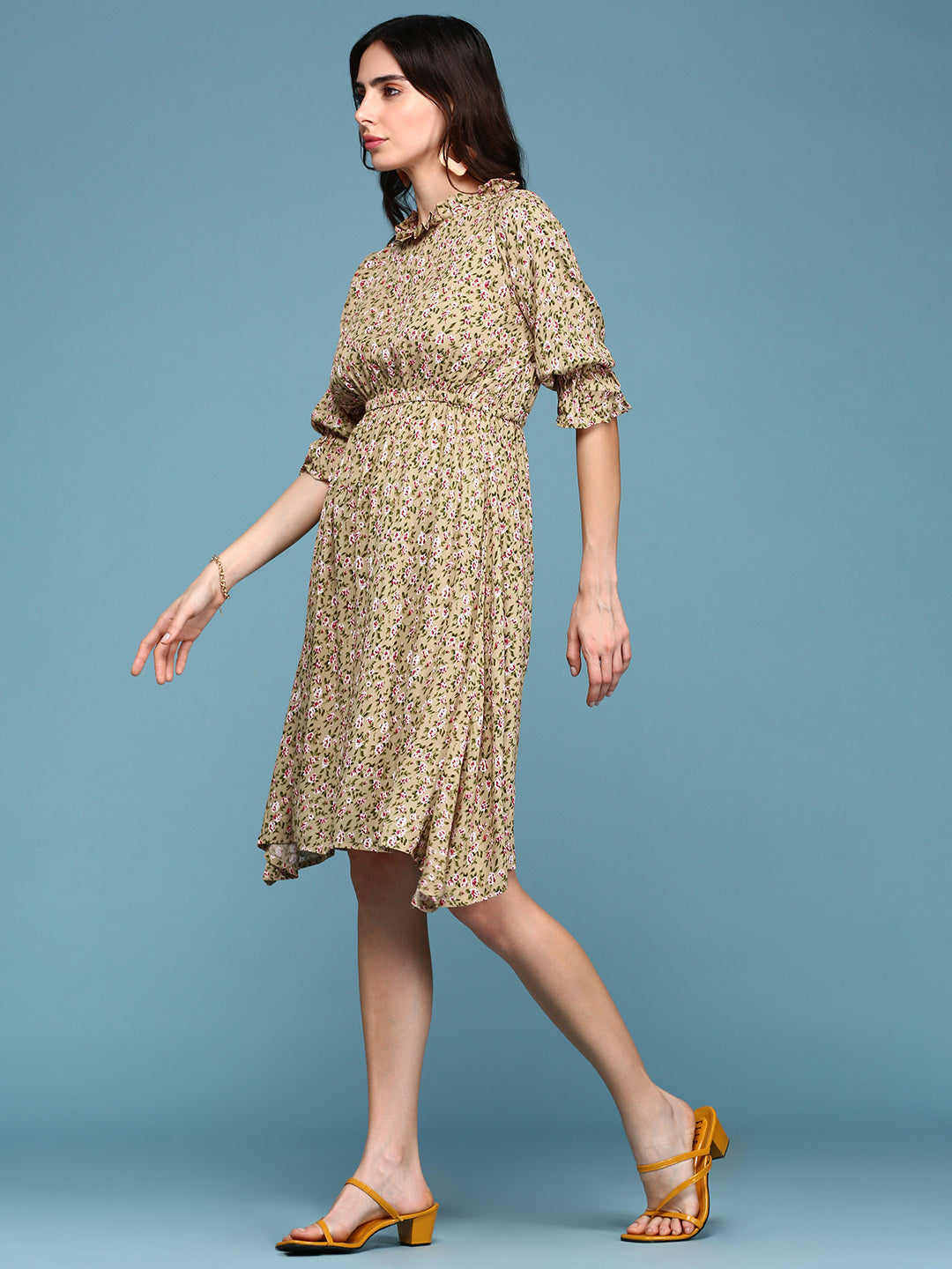 Women's Beige Floral Crepe Midi Dress