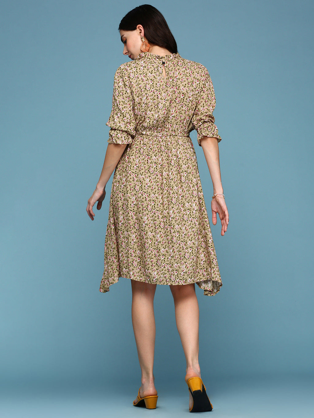 Women's Beige Floral Crepe Midi Dress