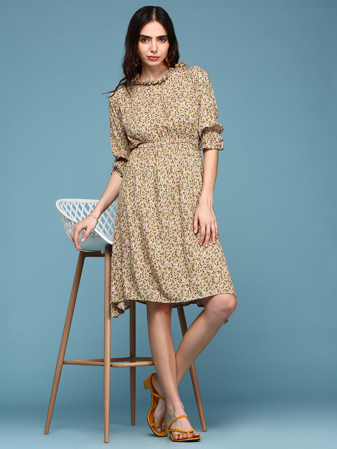 Women's Beige Floral Crepe Midi Dress