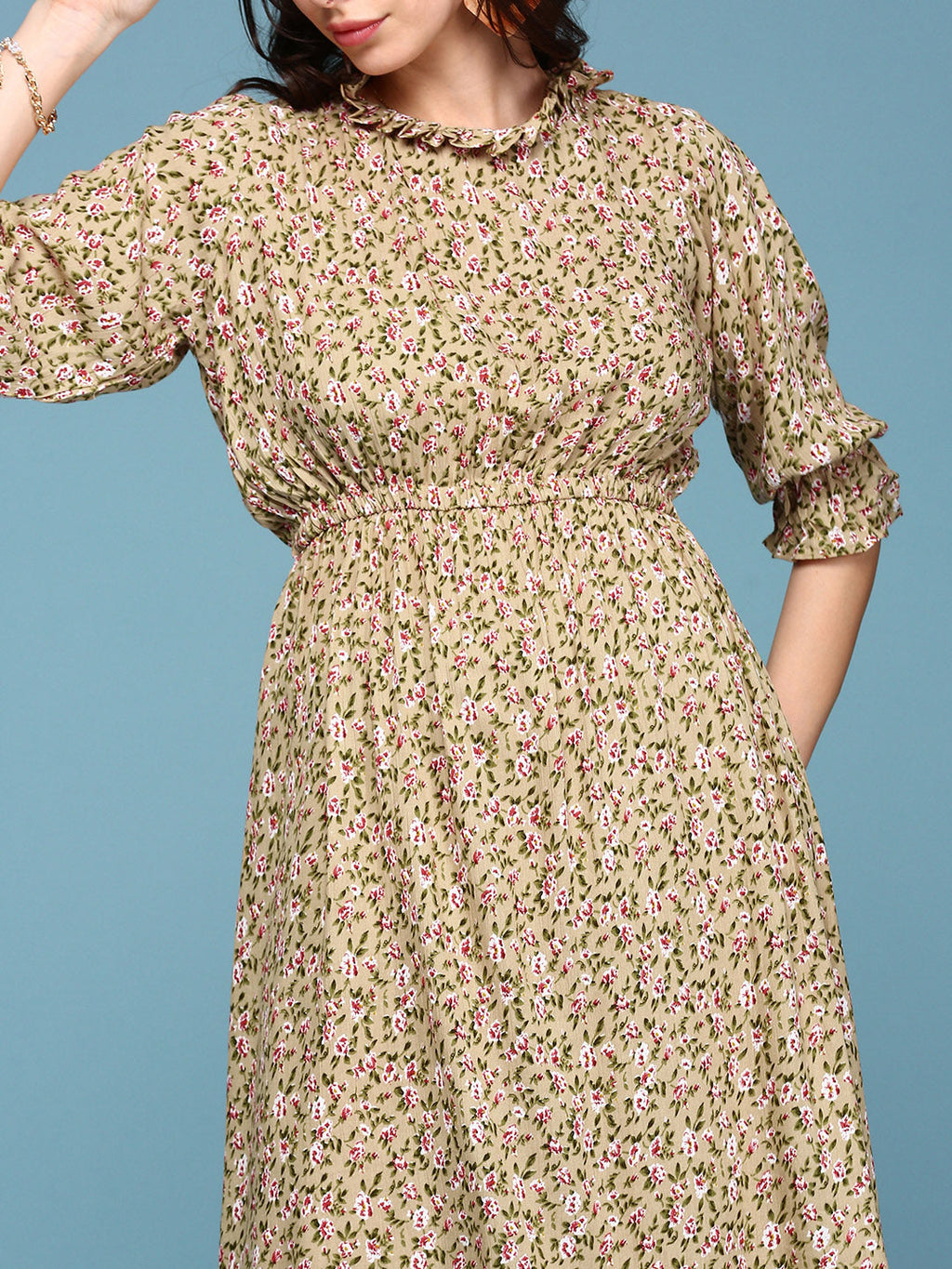 Women's Beige Floral Crepe Midi Dress