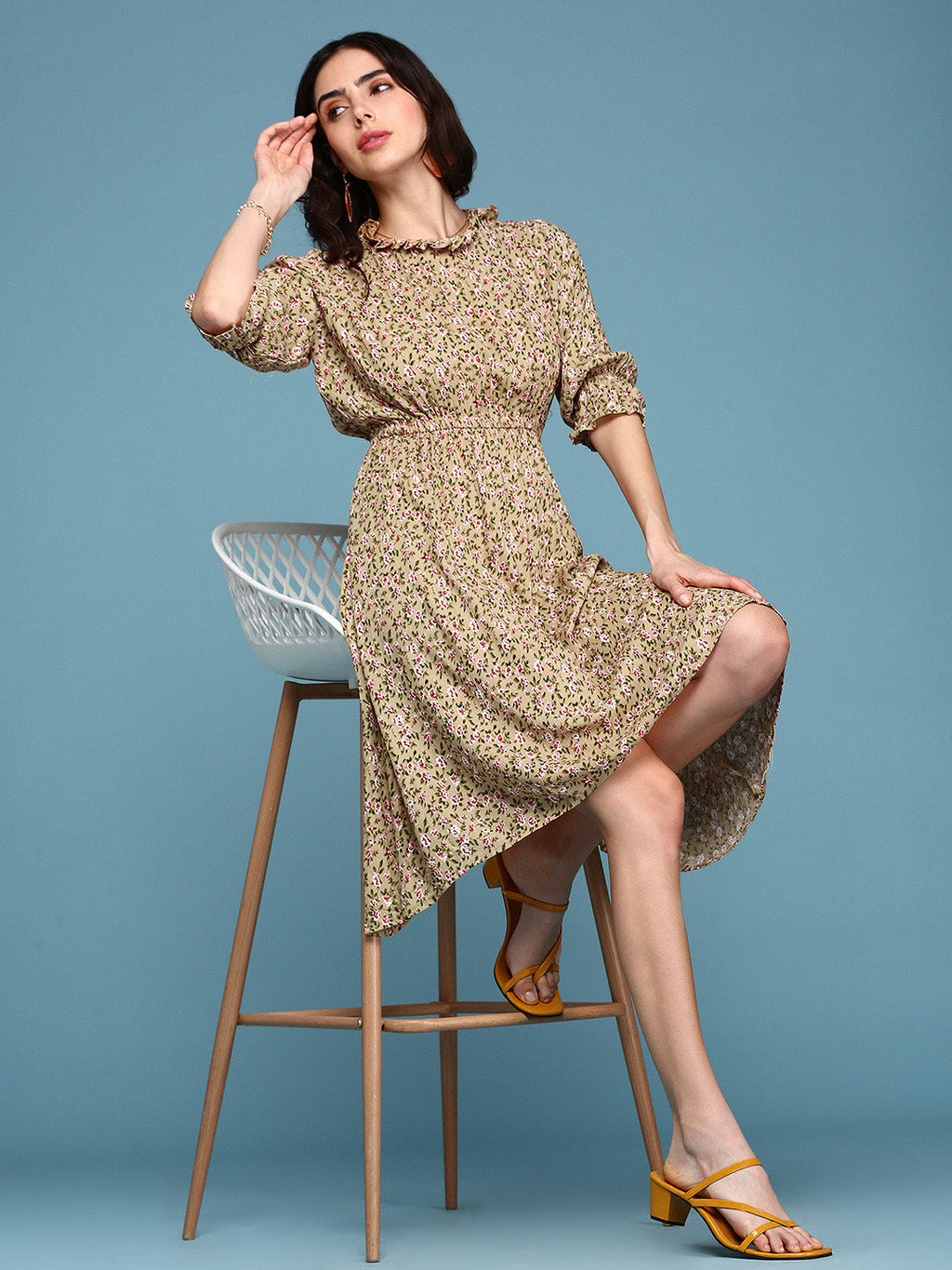 Women's Beige Floral Crepe Midi Dress