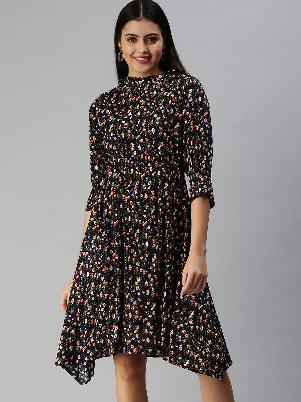 Women's Navy Blue Floral Crepe Midi Dress