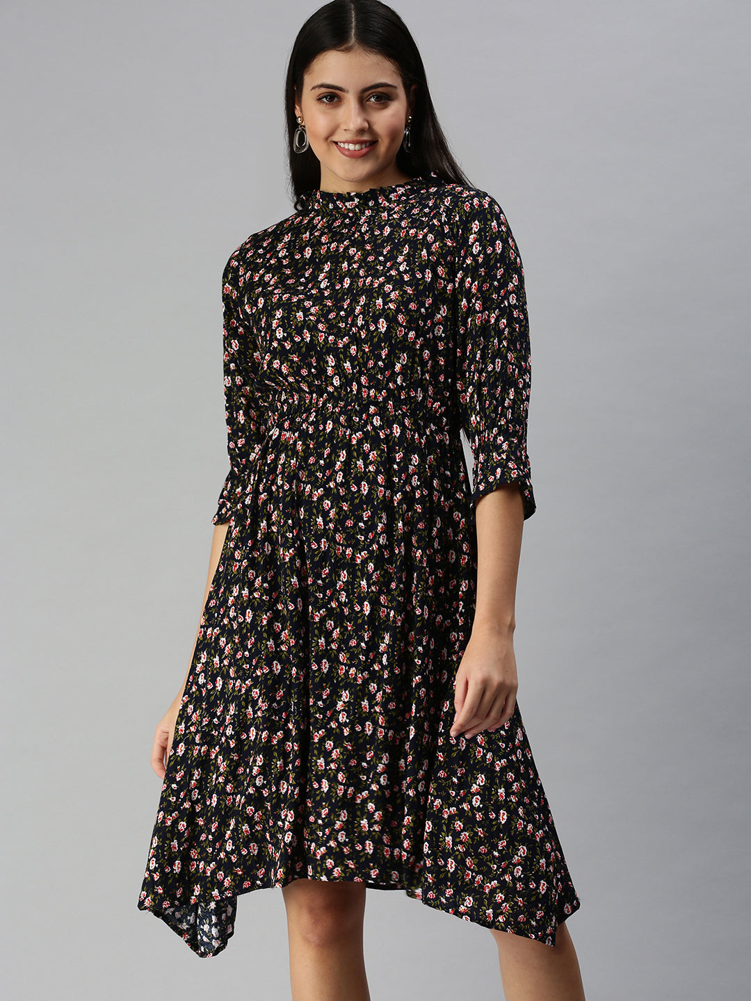Women's Navy Blue Floral Crepe Midi Dress