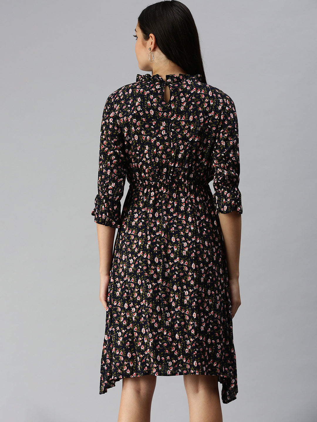 Women's Navy Blue Floral Crepe Midi Dress