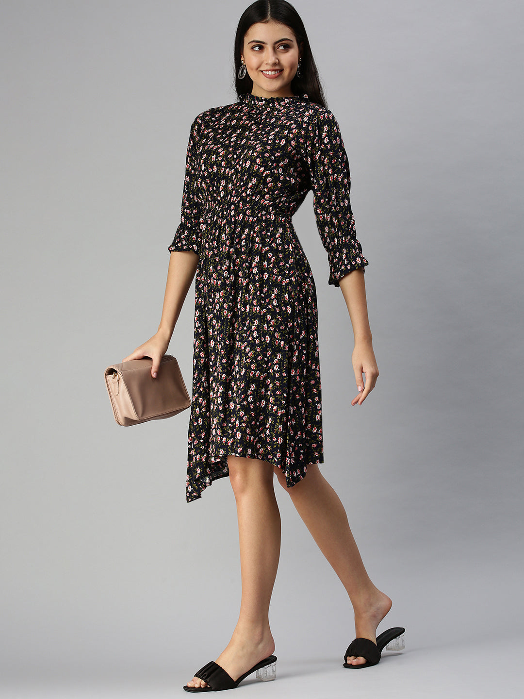 Women's Navy Blue Floral Crepe Midi Dress