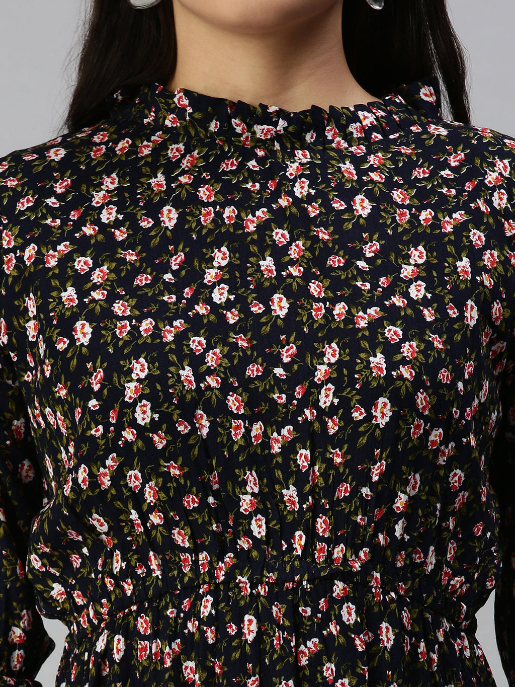 Women's Navy Blue Floral Crepe Midi Dress