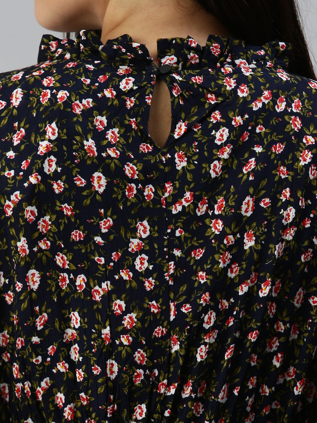 Women's Navy Blue Floral Crepe Midi Dress