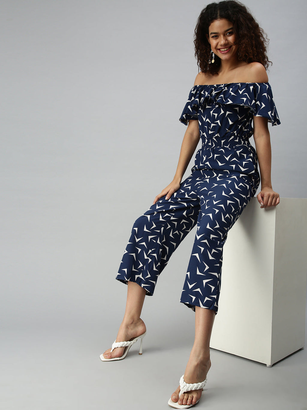 Women's Blue Off-Shoulder Printed Basic Jumpsuit