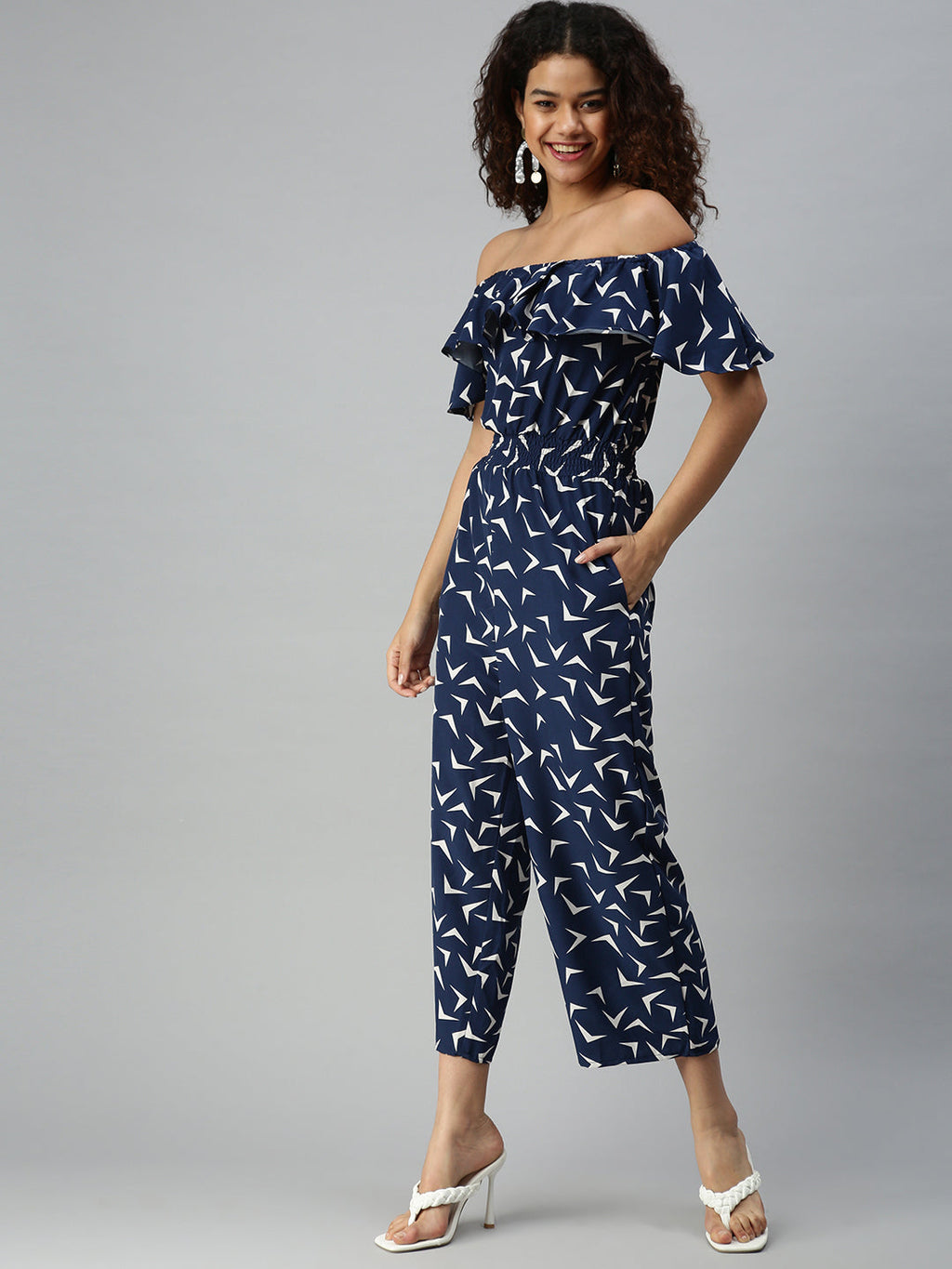 Women's Blue Off-Shoulder Printed Basic Jumpsuit